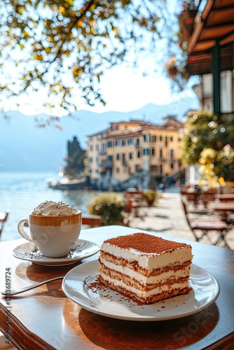 Delicious dessert and coffee served outside by the lake in a picturesque Italian town during a sunny afternoon
