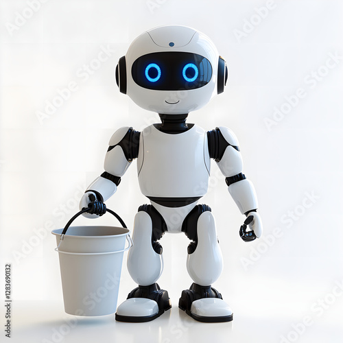 AI-Powered White Robot with Blue Eyes, Holding Cleaning Tools on a Light Background, 3D Digital Illustration for Cleaning Service Technology