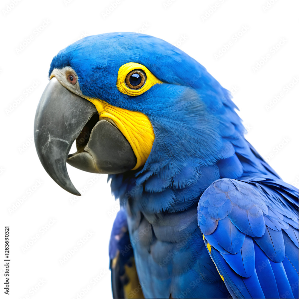 Fototapeta premium Blue and yellow hyacinth macaw parrot isolated on transparent background