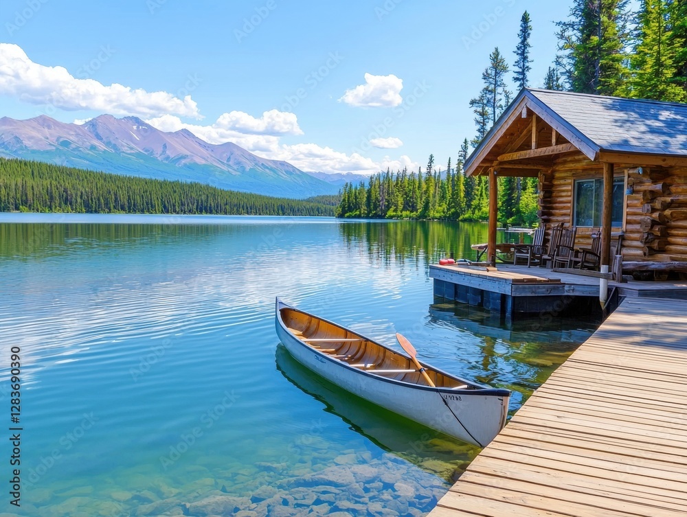 Obraz premium Serene lakeside cabin with a canoe on calm water.