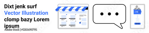 Online storefront with blue and white awning, speech bubble with three dots, and mobile receipt screen with placeholders. Ideal for e-commerce, communication, customer service, user interface design