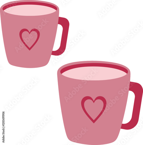 This cute Valentine's Day illustration features two pink coffee mugs with red heart outlines, symbolizing love and warmth. It is perfect for romantic gifts, couple-themed designs, and cozy celebration