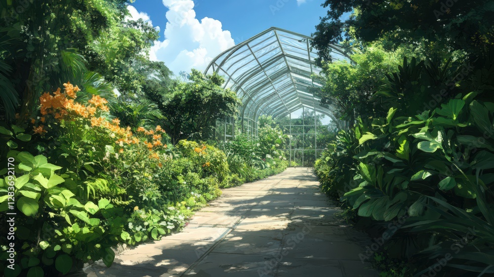 Sunlit Greenhouse Pathway with Lush Greenery and Vibrant Flowers Sunlit Greenhouse Pathway with Lush Greenery and Vibrant Flowers