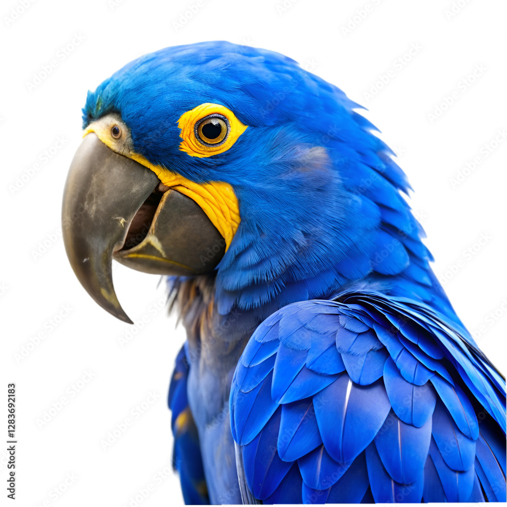 Fototapeta premium Blue and yellow hyacinth macaw parrot isolated on transparent background