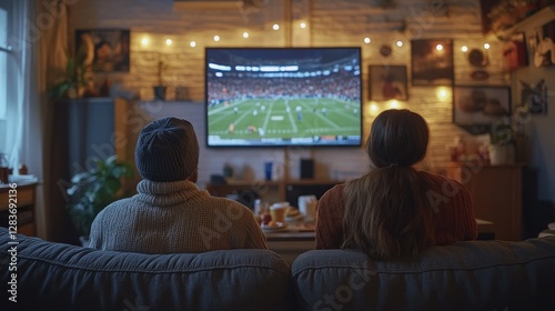 Wallpaper Mural Gathered in a warm and inviting living room, friends share laughter and snacks as they focus on the thrilling live sports event displayed on the big screen, creating wonderful memories together Torontodigital.ca