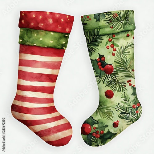 Festive Watercolor Christmas Stocking Set in Green and Red