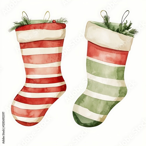 Festive Watercolor Christmas Stocking Set in Green and Red photo