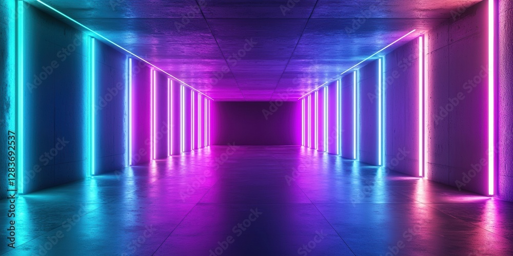 An empty dark room with blue and purple neon lights on the walls, leading to a long corridor An empty dark room with blue and purple neon lights on the walls, leading to a long corridor