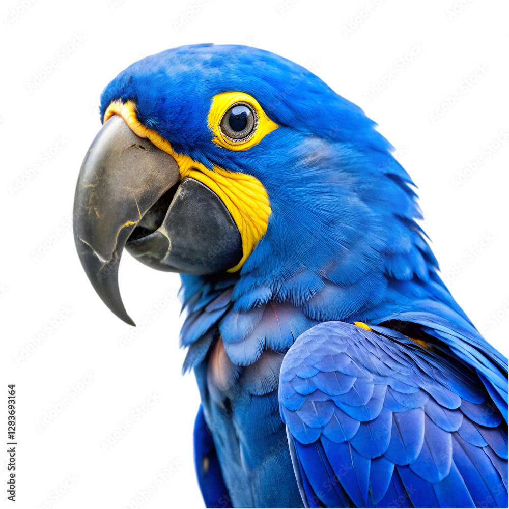 Fototapeta premium Blue and yellow hyacinth macaw parrot isolated on transparent background