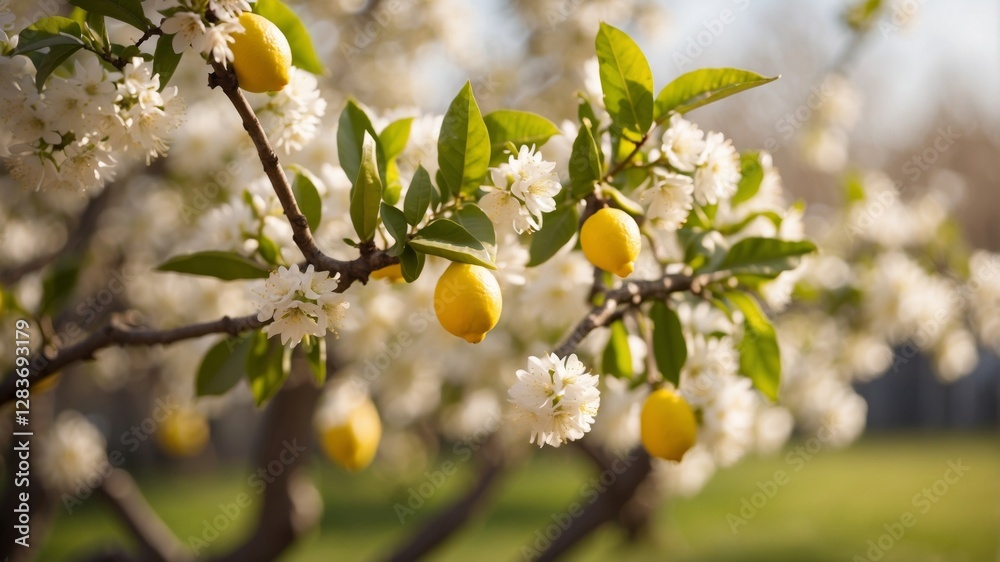 A lemon tree branch showcases the vibrant yellow fruit amidst a flurry of white blossoms. A lemon tree branch showcases the vibrant yellow fruit amidst a flurry of white blossoms.