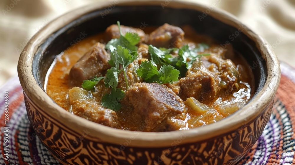 A Bowl of Mafé, a West African Peanut Stew with Tender Meat and Vegetables, Garnished with Fresh Coriander A Bowl of Mafé, a West African Peanut Stew with Tender Meat and Vegetables, Garnished with Fresh Coriander