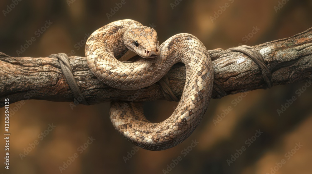 Coiled brown snake resting on tree branch in natural habitat Coiled brown snake resting on tree branch in natural habitat