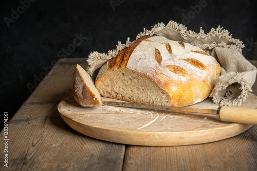 A cut homebaked artisan sourdough bread with a slice cut of and a breadknife on a round cutting board.