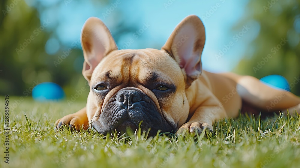 Fototapeta premium French Bulldog resting on grass outdoors