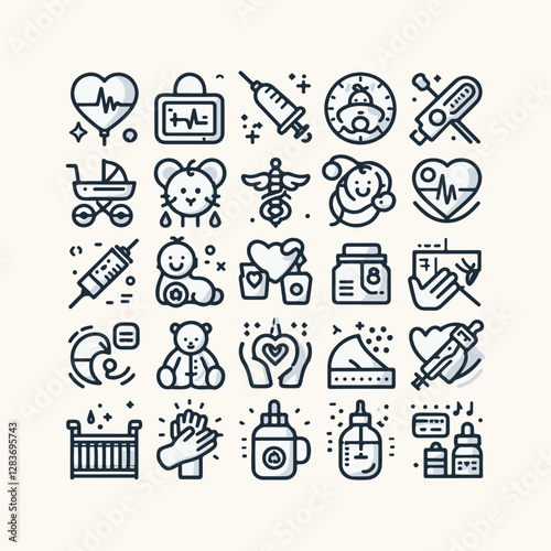 Baby care editable stroke outline icons set isolated on white background flat vector illustration.