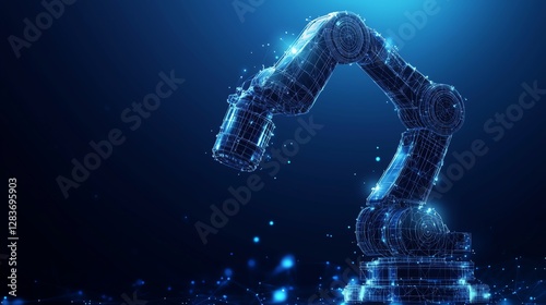 Robotic vision sensor camera system in an intelligent factory, part of Industry 4.0 technology, with clean lines, low poly wireframe, and dark blue background.