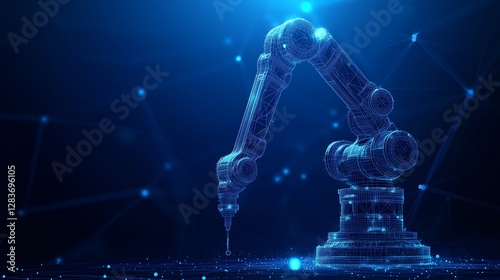 Industry technology with automatic robots and mechanical arms, highlighting minimalist design and low poly wireframe with dark blue background and ample copy space for text.