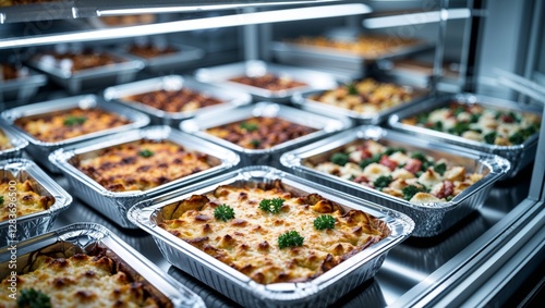 Selection of lasagna and pasta primavera dishes displayed in aluminum trays within a deli case.