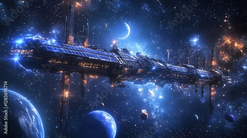 Fototapeta Naklejka Na Ścianę i Meble -  Spectacular interstellar space station amidst a vibrant cosmos, galactic exploration