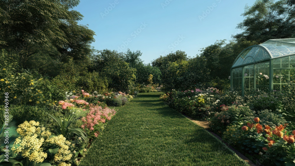 Fototapeta premium Sunny Garden Path Leading to Glass Greenhouse