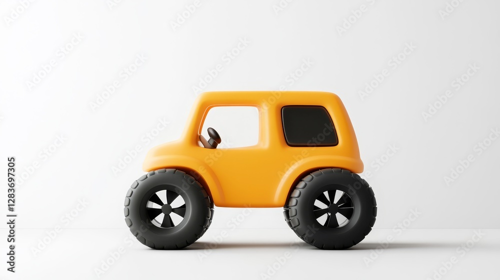 Bright Orange Toy Car with Large Wheels on White Background Bright Orange Toy Car with Large Wheels on White Background