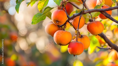 Persimmon tree with a bunch of growing mature Persimmon
