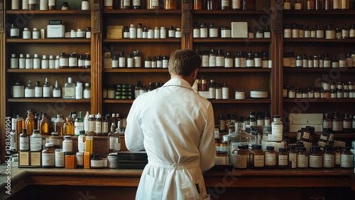 A traditional apothecary in a vintage pharmacy filled with glass bottles and herbs