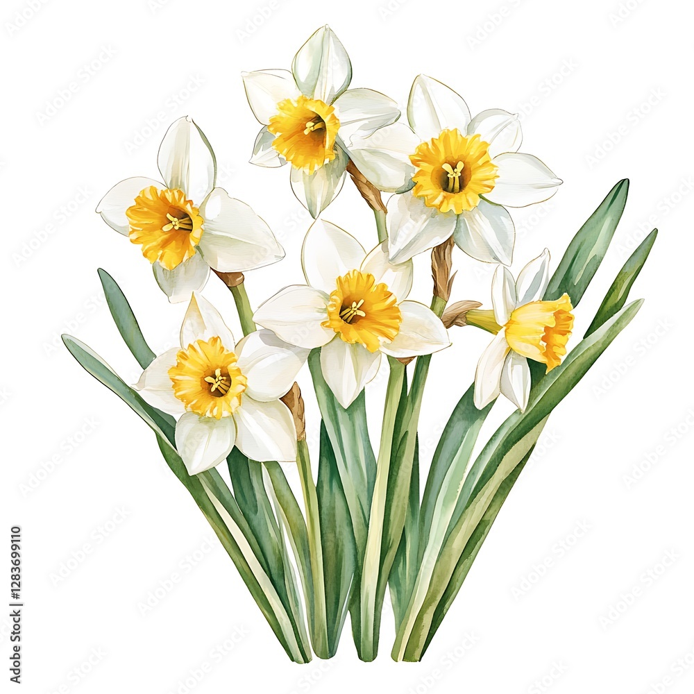 Vibrant Watercolor Illustration of Six White and Yellow Flowers Vibrant Watercolor Illustration of Six White and Yellow Flowers