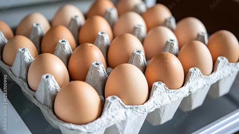 Durable Freshness Preservation, Neatly Organized Eggs in Carton Inside Refrigerator with Geometric Arrangement Durable Freshness Preservation, Neatly Organized Eggs in Carton Inside Refrigerator with Geometric Arrangement