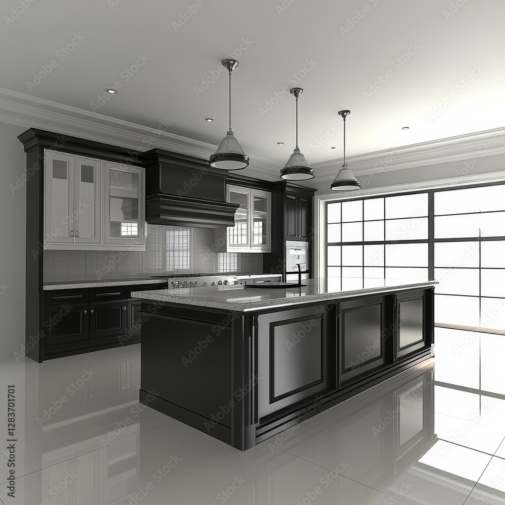 Fototapeta premium Modern Black and White Kitchen with Island, Pendant Lights, Large Window, and Reflective Flooring for a Bright and Elegant Space