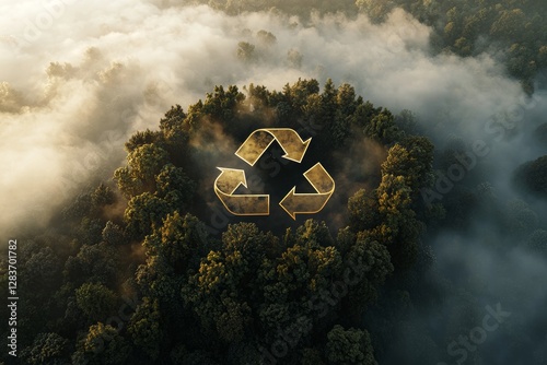 A recycling sign-shaped lake in unspoiled nature symbolizes a commitment to ecological waste management and promotes a lifestyle that balances sustainability with economic viability, as depicted in a