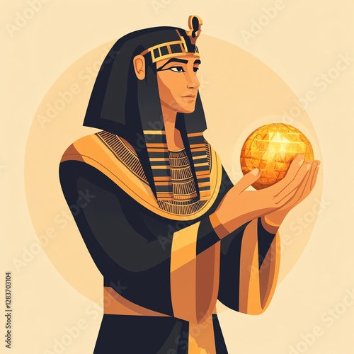 A stylized depiction of an ancient Egyptian figure holding a golden orb, symbolizing power and wisdom. photo