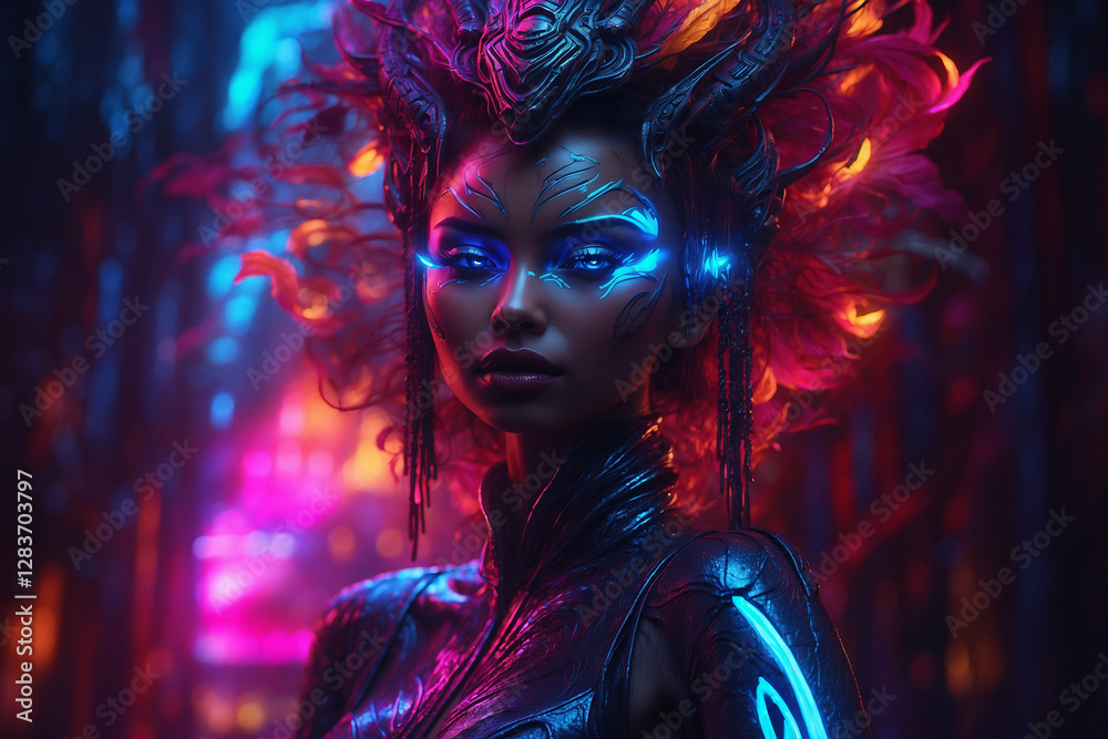 A striking figure with swirling neon hair stands against a futuristic city backdrop, illuminated by vibrant lights and neon signs. A striking figure with swirling neon hair stands against a futuristic city backdrop, illuminated by vibrant lights and neon signs.
