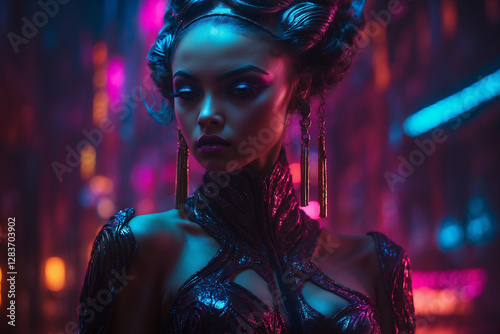 A striking figure with swirling neon hair stands against a futuristic city backdrop, illuminated by vibrant lights and neon signs.