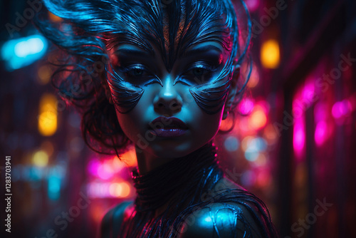 A striking figure with swirling neon hair stands against a futuristic city backdrop, illuminated by vibrant lights and neon signs.