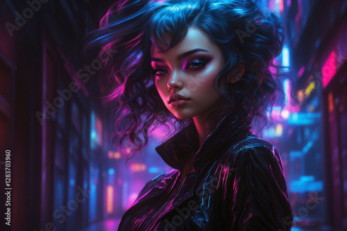 A striking figure with swirling neon hair stands against a futuristic city backdrop, illuminated by vibrant lights and neon signs.