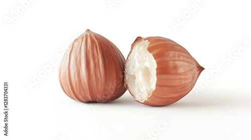 Falling hazelnuts isolated on a white background, studio shot, soft lighting, high-quality photo, with copy space available.