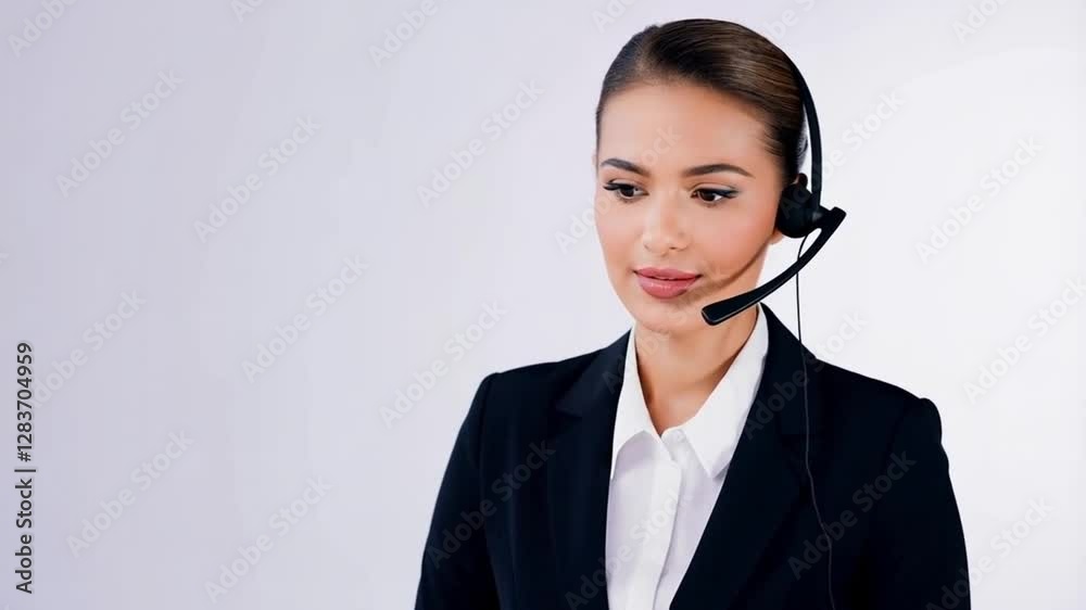 Smiling young woman with a headset providing customer support on a white background Smiling young woman with a headset providing customer support on a white background