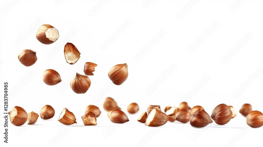 Falling hazelnuts isolated on a white background, studio shot, soft lighting, high-quality photo, with copy space available.