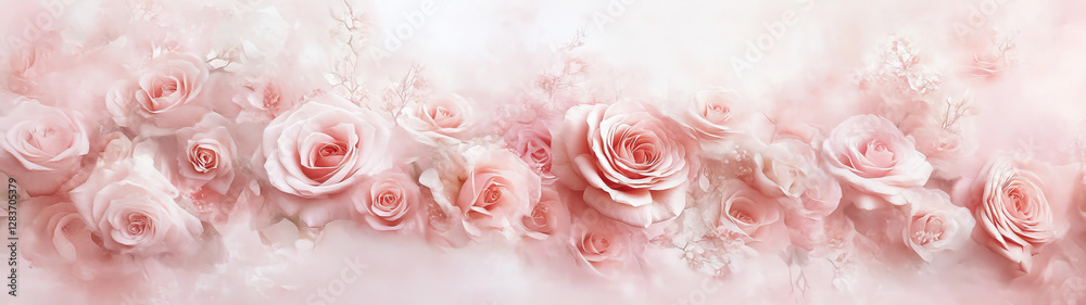 A soft, romantic arrangement of pink roses and delicate flowers in a dreamy background. A soft, romantic arrangement of pink roses and delicate flowers in a dreamy background.