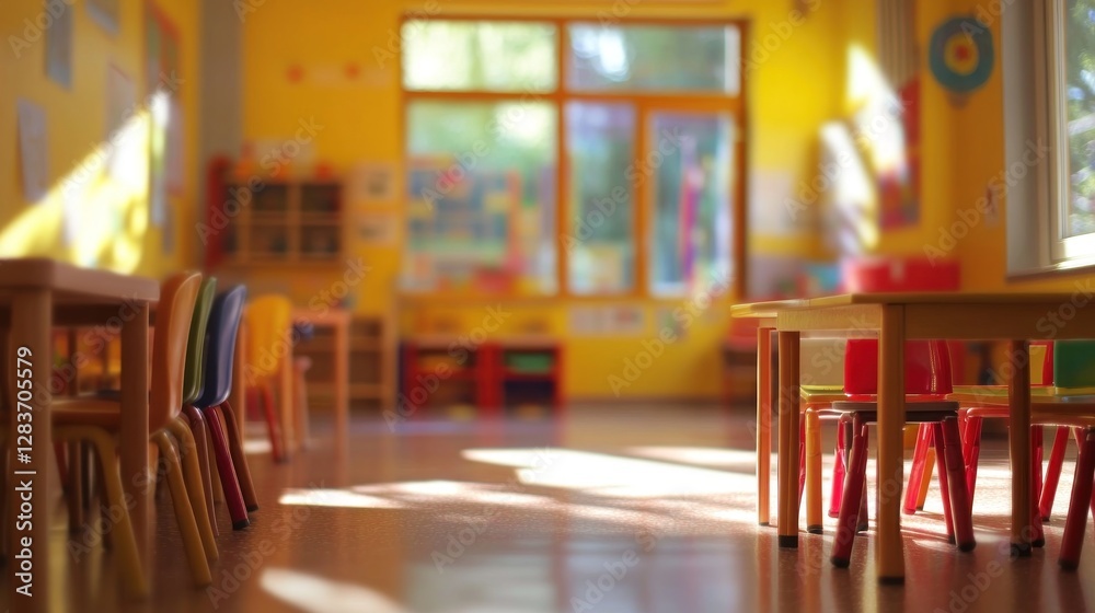 A bright, colorful classroom with tables and chairs, designed for children's learning. A bright, colorful classroom with tables and chairs, designed for children's learning.
