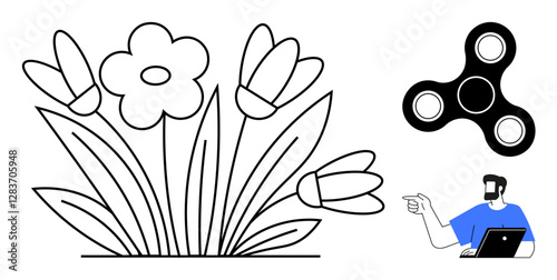 Man on laptop pointing while engaged in discussion, with a bouquet of flowers and a fidget spinner. Ideal for work-life balance, focus, stress relief, simplicity, mindfulness, nature appreciation