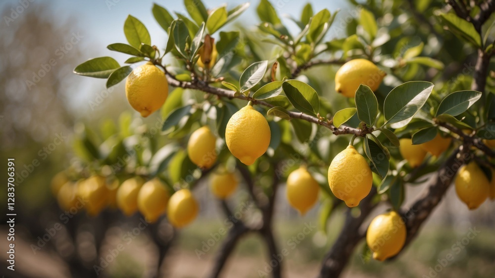 Vibrant yellow lemons hang from lush green trees, bathed in warm sunlight in a lemon orchard. Vibrant yellow lemons hang from lush green trees, bathed in warm sunlight in a lemon orchard.
