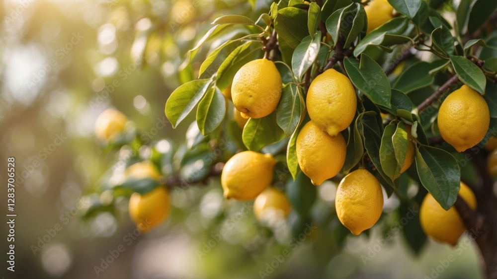 Sun-kissed lemons hang heavy on the branches of a lush lemon tree, promising a refreshing zest. Sun-kissed lemons hang heavy on the branches of a lush lemon tree, promising a refreshing zest.