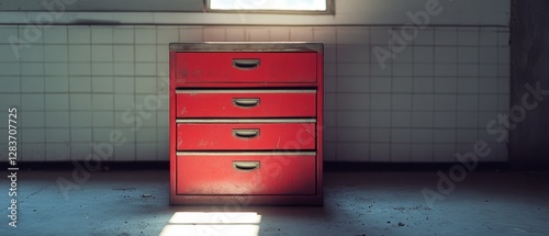 A sturdy, vintage red cabinet stands in an airy, sunlit room, exuding retro charm and practicality amidst tiled walls.