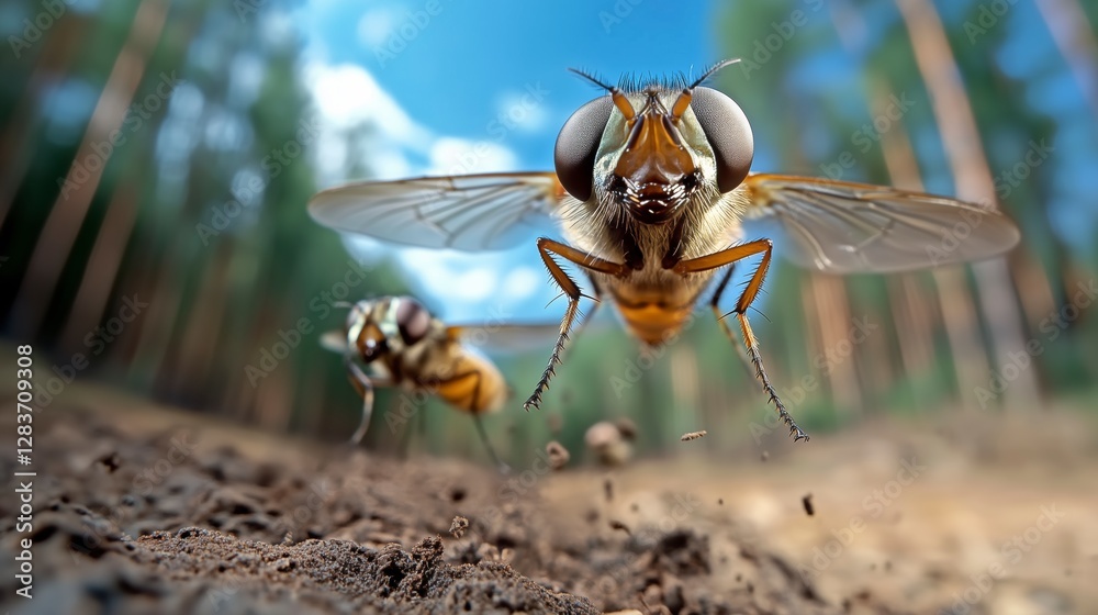Two flies are flying in the air. Minimalistic background. Two flies are flying in the air. Minimalistic background.