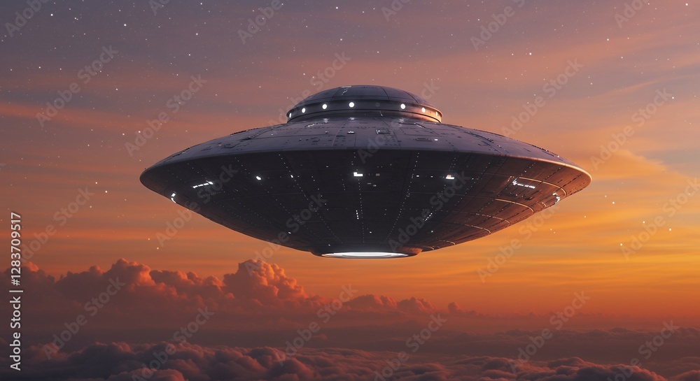Flying saucer hovers above clouds during sunset with stars Flying saucer hovers above clouds during sunset with stars
