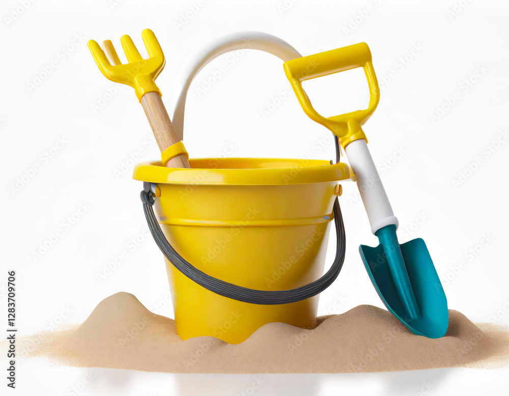 Beach toys standing on a small sand pile, ready for playing Beach toys standing on a small sand pile, ready for playing