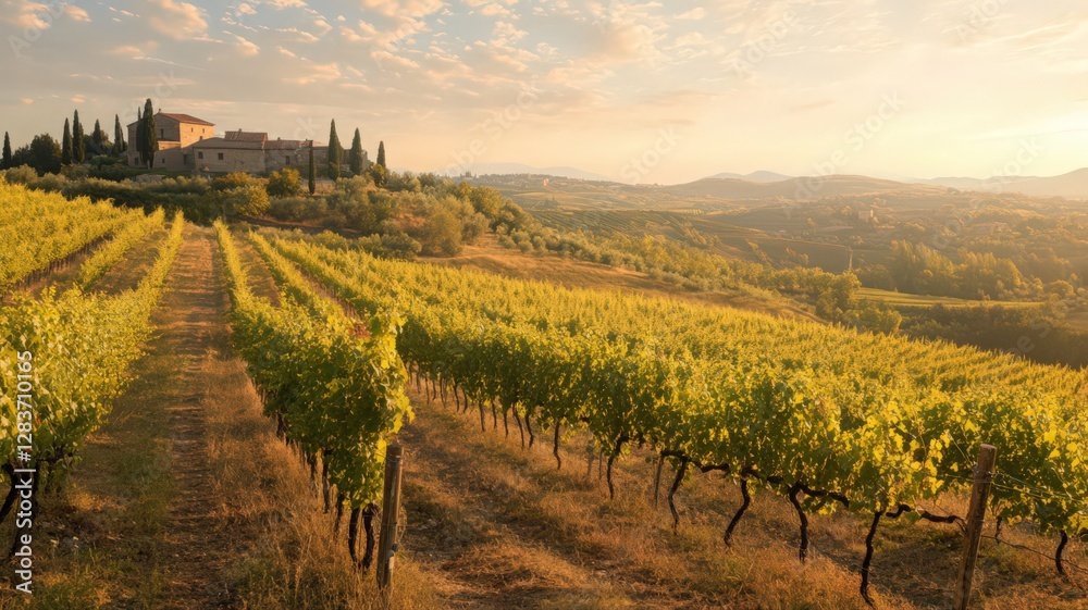 Fototapeta premium Tuscan Vineyard Landscape at Golden Hour