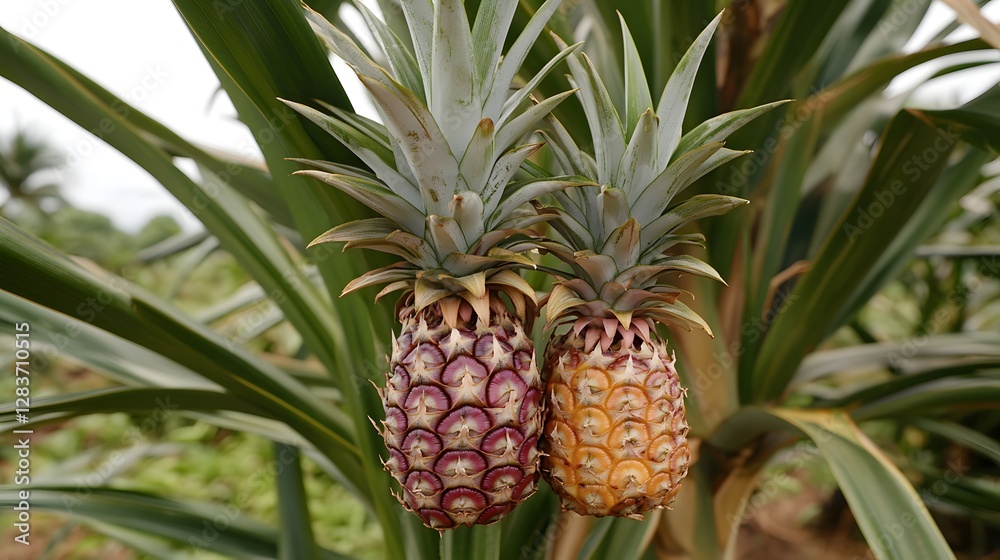 Pineapple tree with a bunch of growing mature Pineapple Pineapple tree with a bunch of growing mature Pineapple